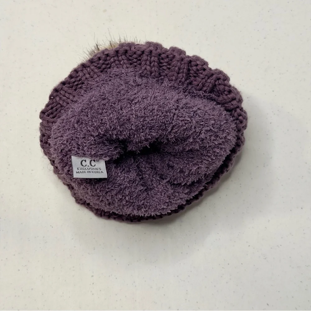 C.C Kids Dark Purple Knit Beanie with Pom-Pom